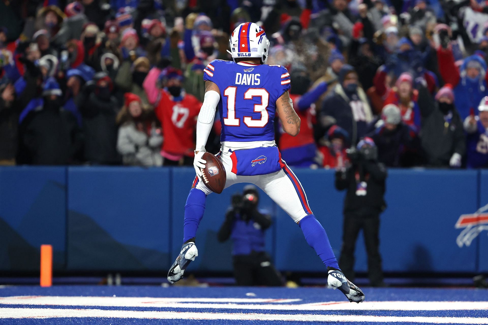 Buffalo Bills wide receiver Gabe Davis (13) runs a route during the first  half an NFL football game against the New England Patriots, Thursday, Dec.  1, 2022, in Foxborough, Mass. (AP Photo/Greg