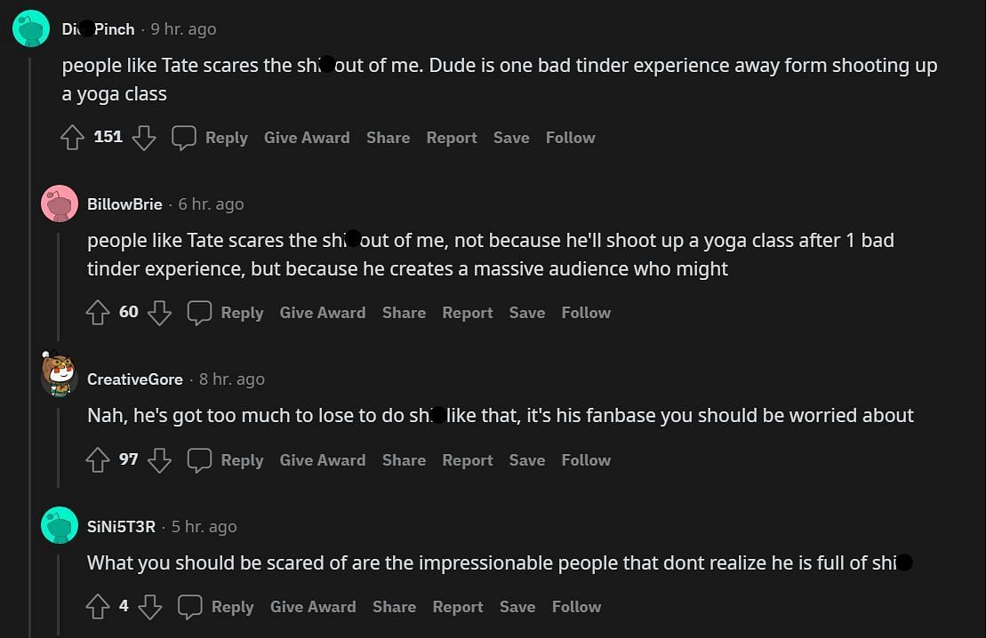 Reddit comments about Tate and the bad influence he can have on the audience (Image via Reddit)