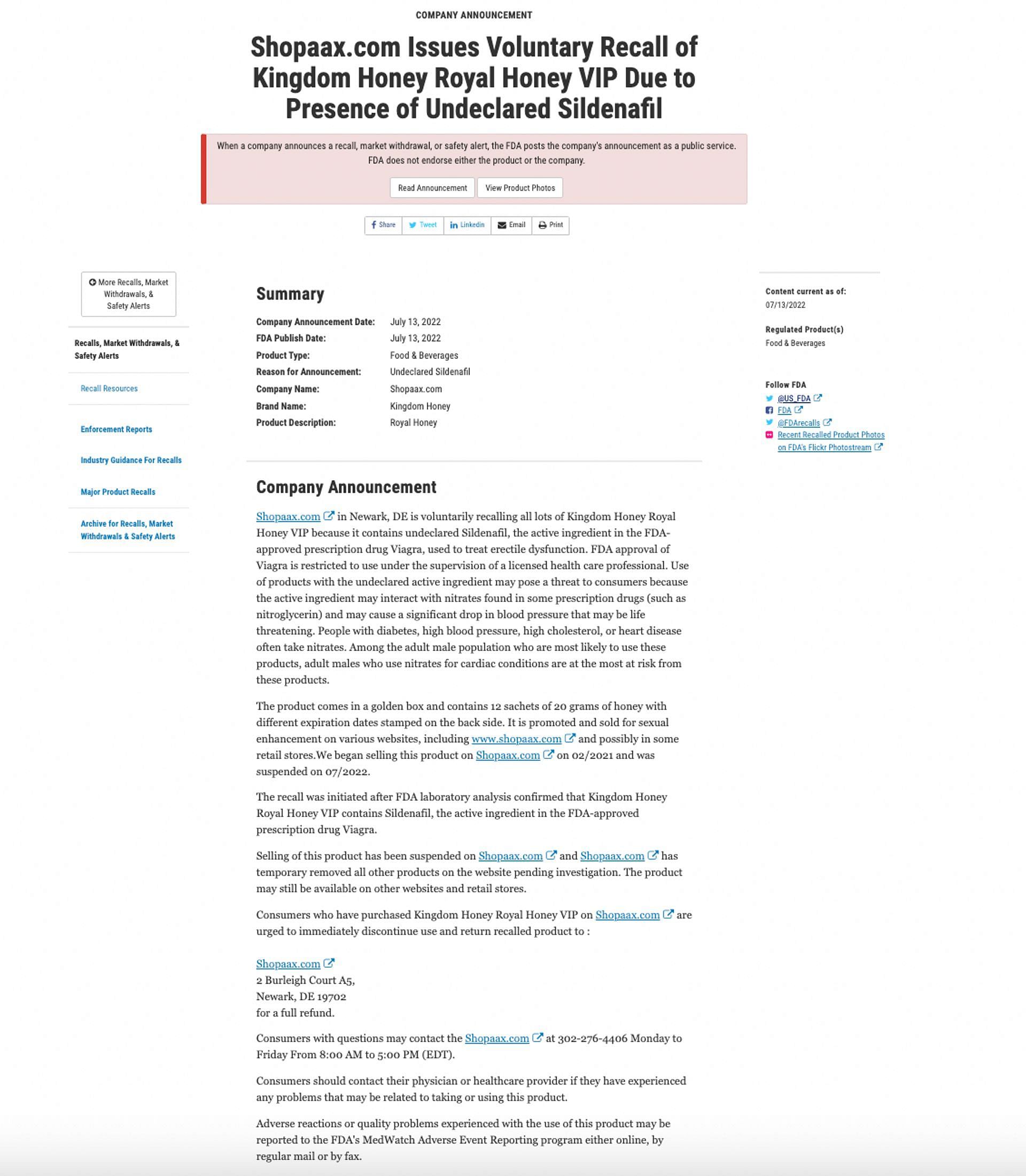 FDA issued notice to recall honey products of two companies for having undisclosed erectile dysfunction drugs. (Image via FDA)