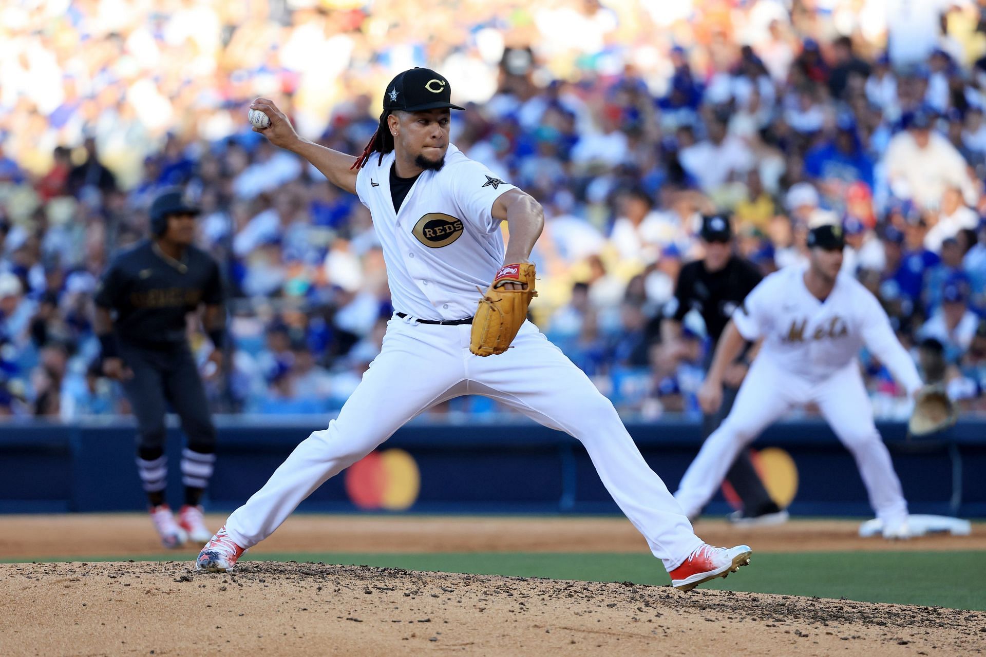 Luis Castillo pitches during the 92nd MLB All-Star Game presented by Mastercard.