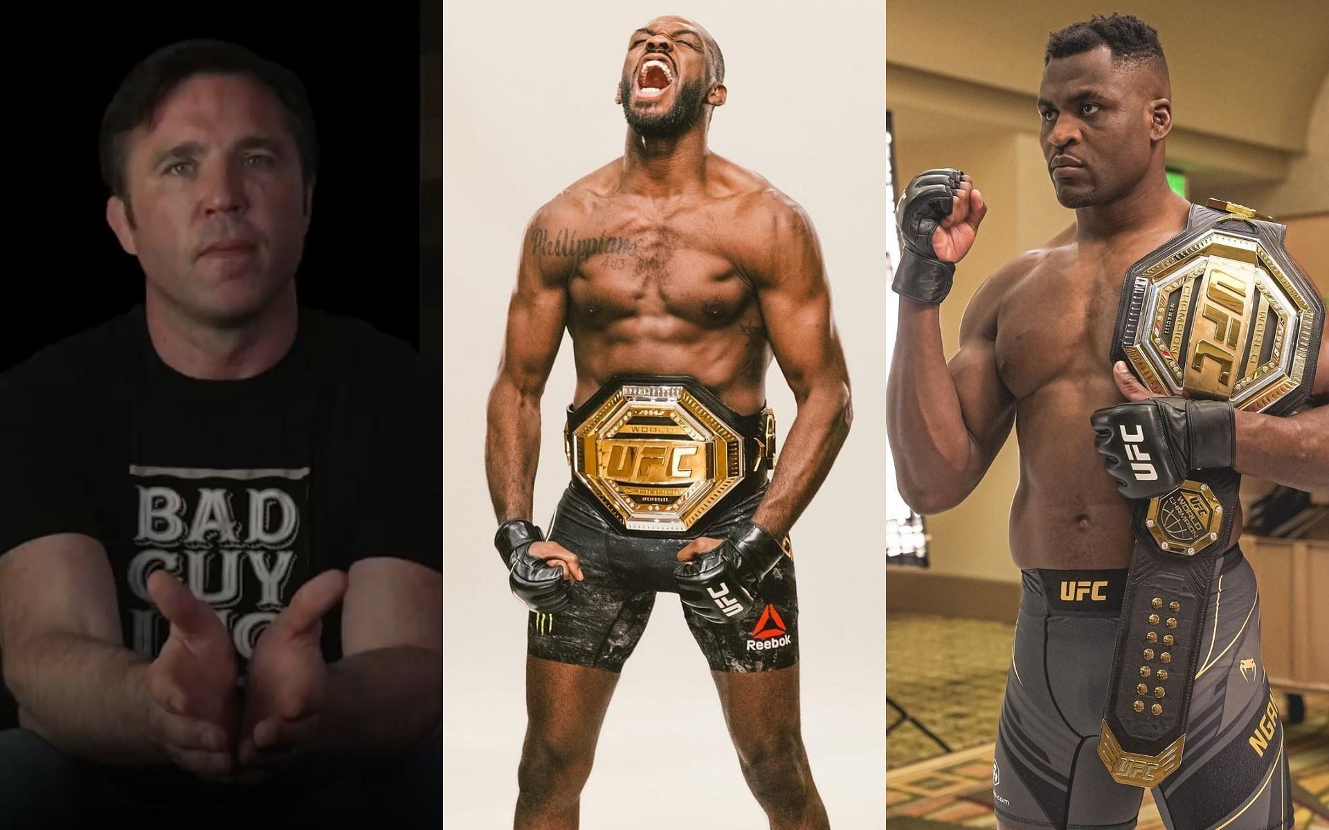 Chael Sonnen (L), Jon Jones (M), Francis Ngannou (R) [Credits: Instagram @sonnench @jonnybones @francisngannou]