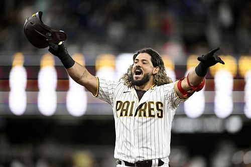 Jorge Alfaro celebrates a 10th inning walk-off, San Francisco Giants v San Diego Padres.