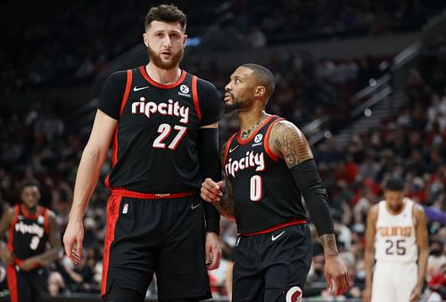 Jusuf Nurkic, left, and Damian Lillard of the Portland Trail Blazers