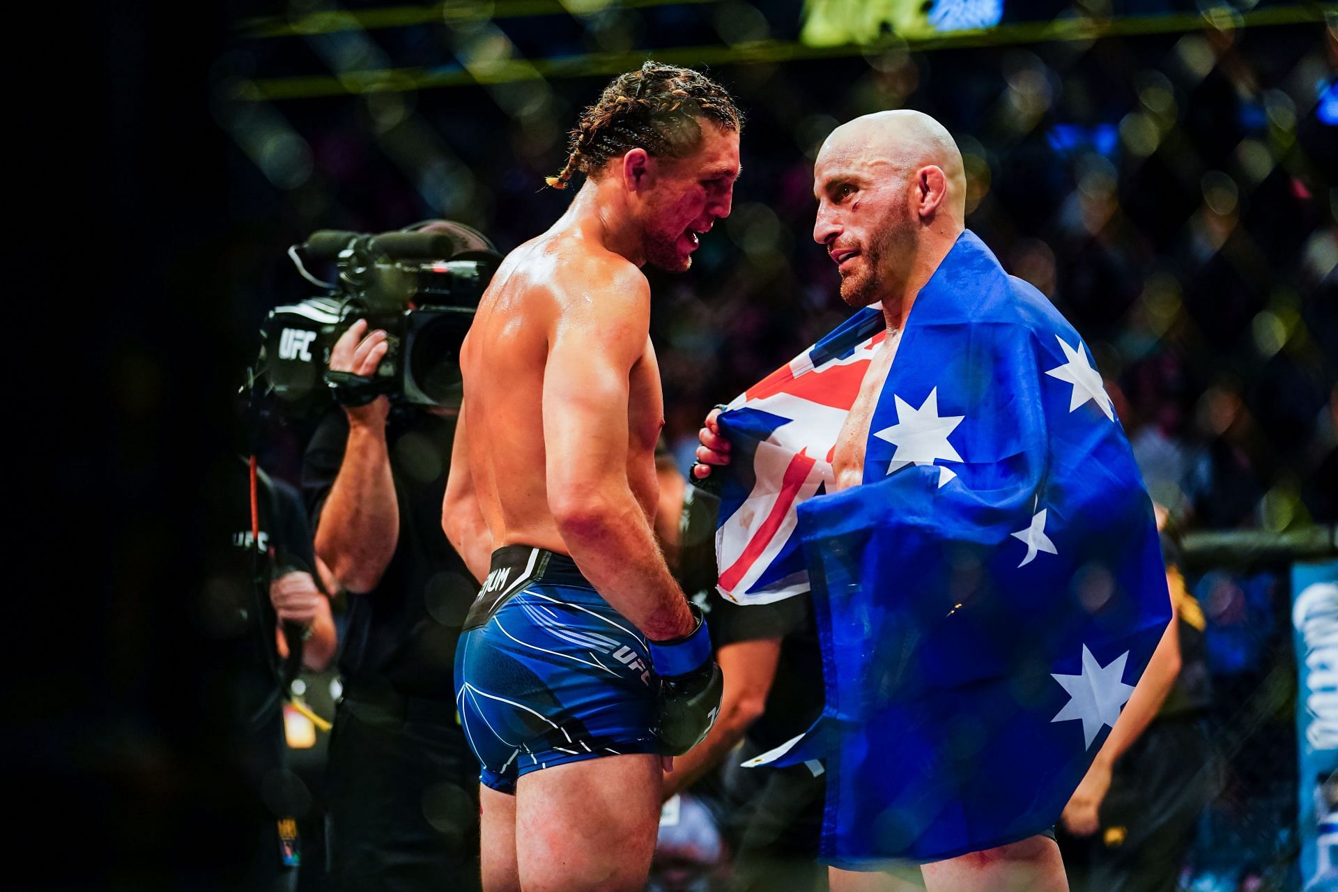 Brian Ortega (L) and Alexander Volkanovski (R) post-fight at UFC 266.