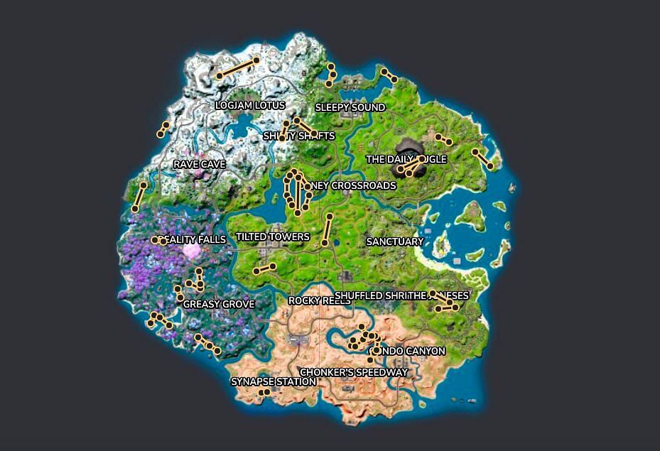 Here are all the ziplines on the map (Image via Fortnite.GG)