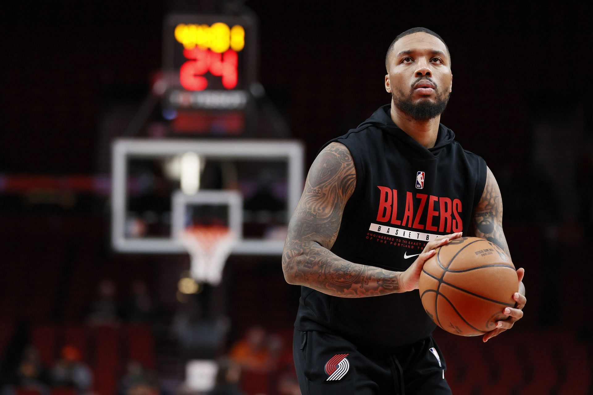 Damian Lillard #0 of the Portland Trail Blazers warms up before the game against the Orlando Magic at Moda Center on February 08, 2022 in Portland, Oregon