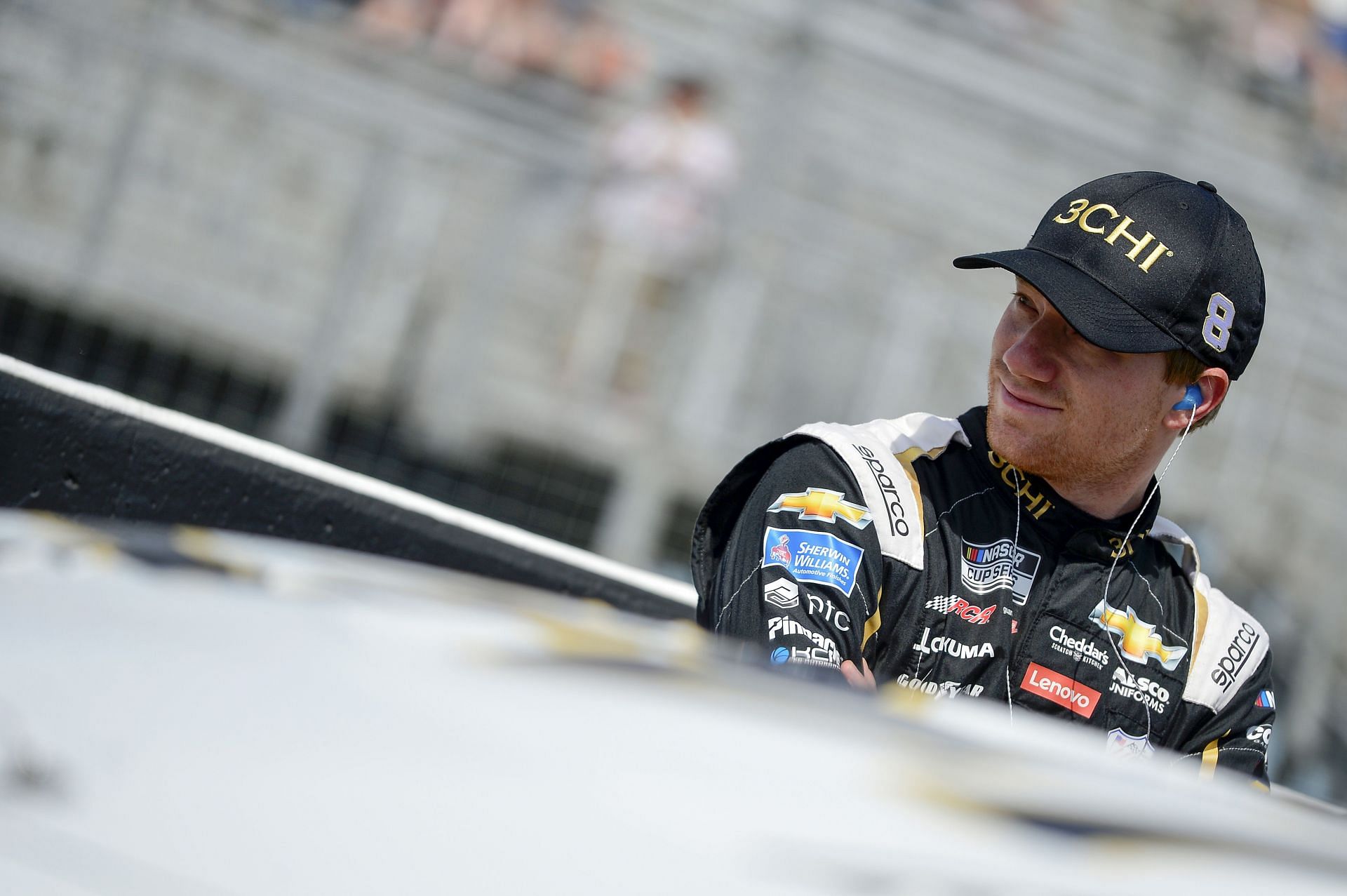 Tyler Reddick looks on during qualifying for the NASCAR Cup Series Enjoy Illinois 300 at WWT Raceway (Photo by Jeff Curry/Getty Images)