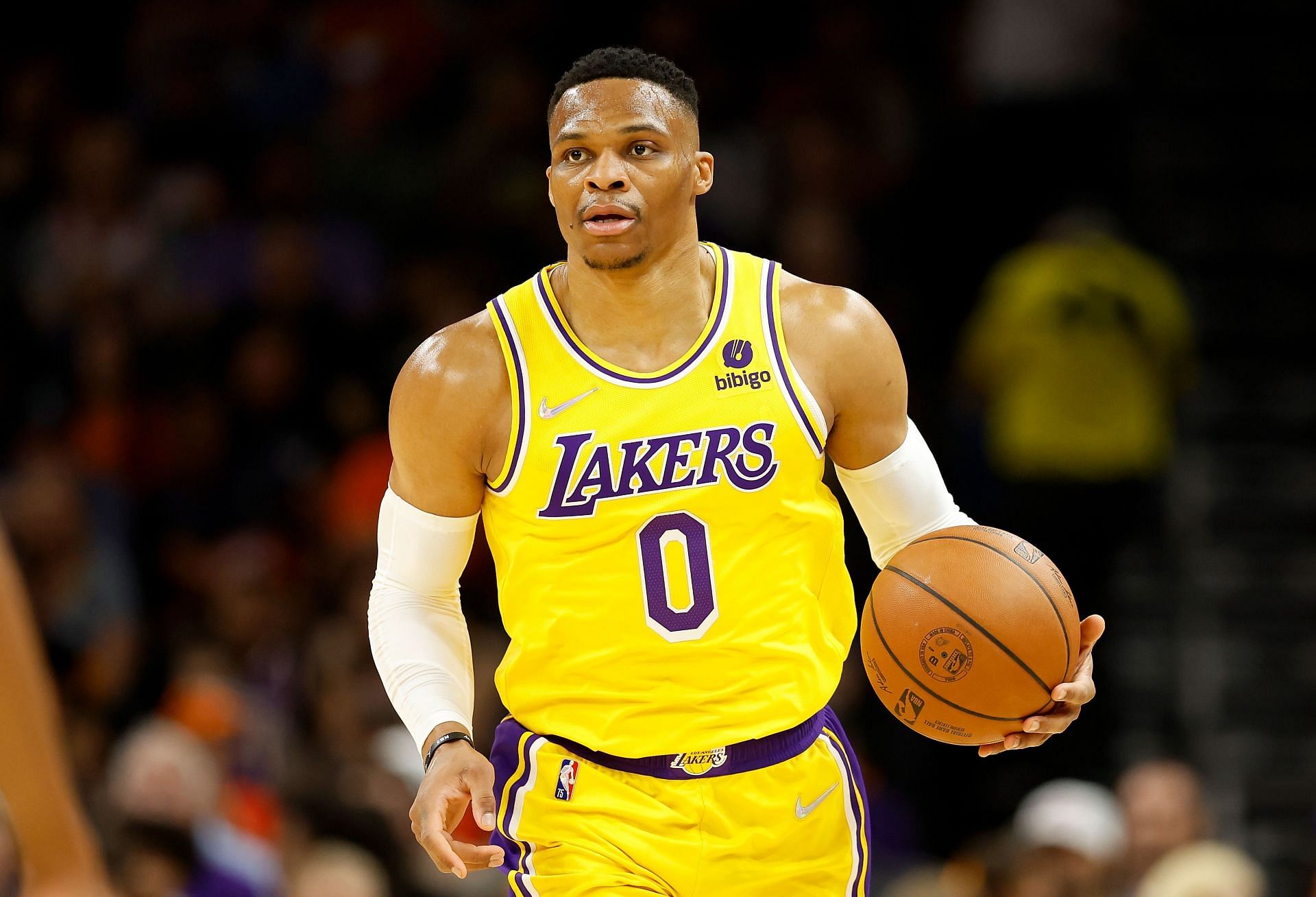 LA Lakers guard Russell Westbrook handles the ball