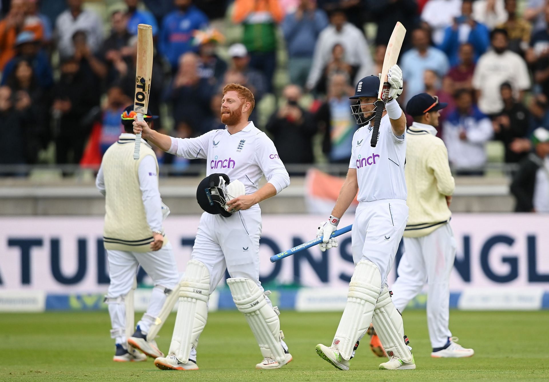 Joe Root and Jonny Bairstow walk off after leading their team to victory in Birmingham. Pic: Getty Images