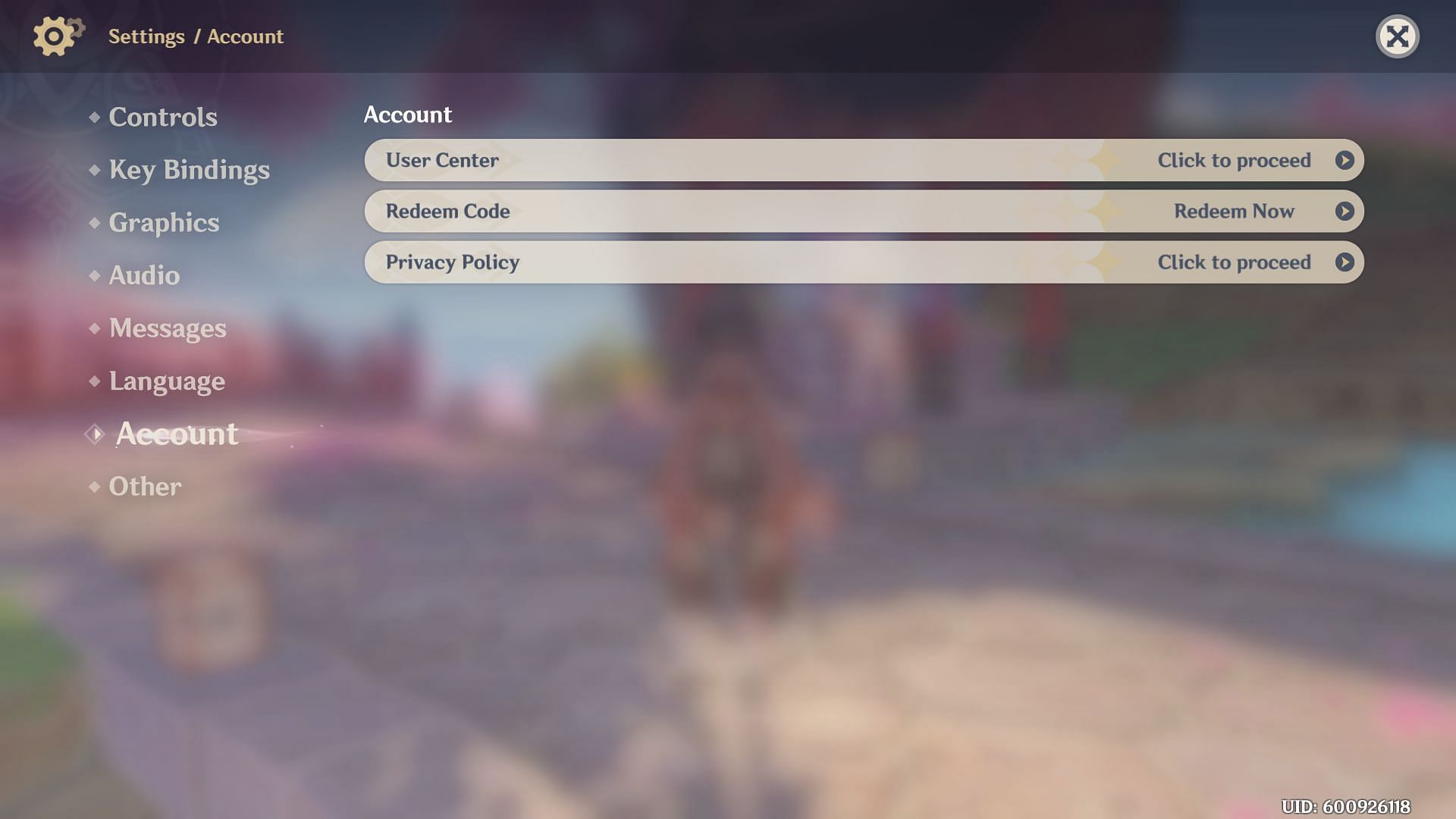 Go to the Account section in the main menu (Image via Hoyoverse)