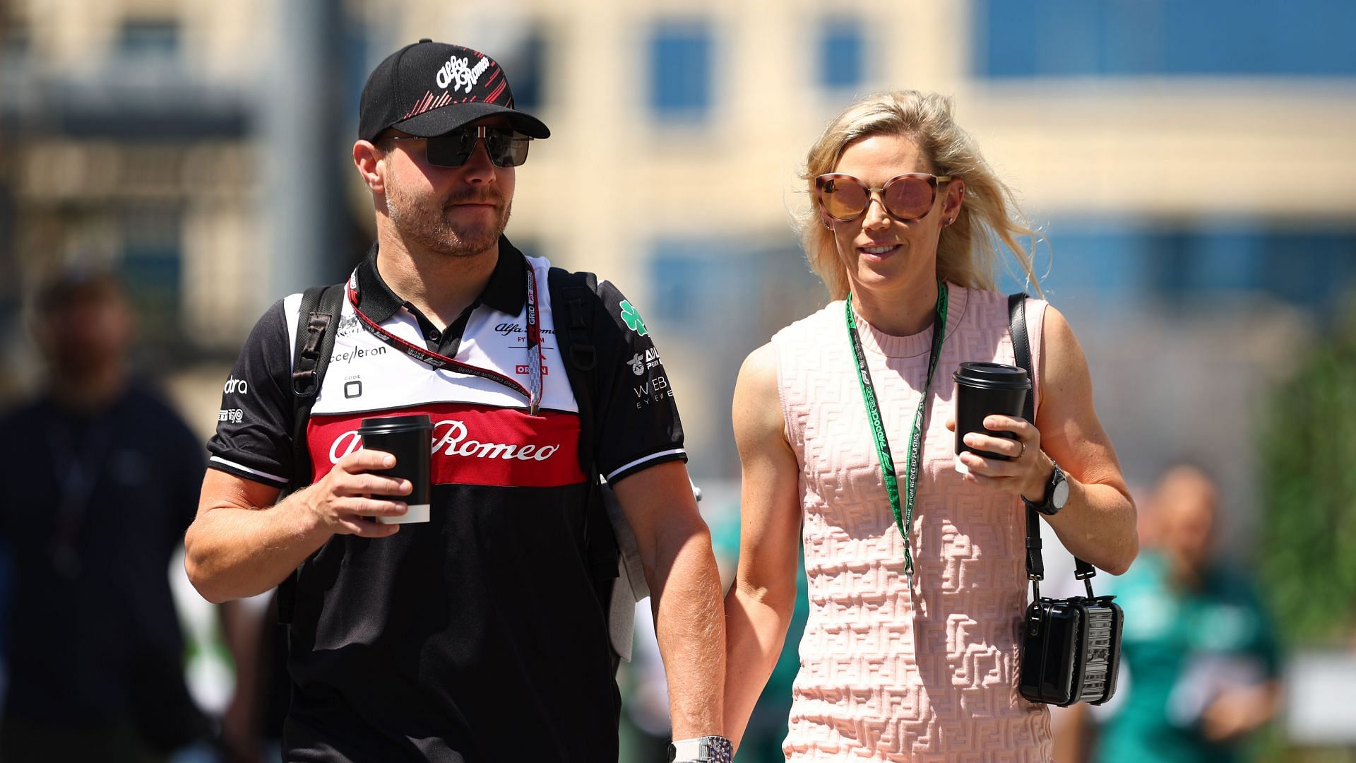 Valtteri Bottas (left) and Tiffany Cromwell at the 2022 F1 Grand Prix of Azerbaijan