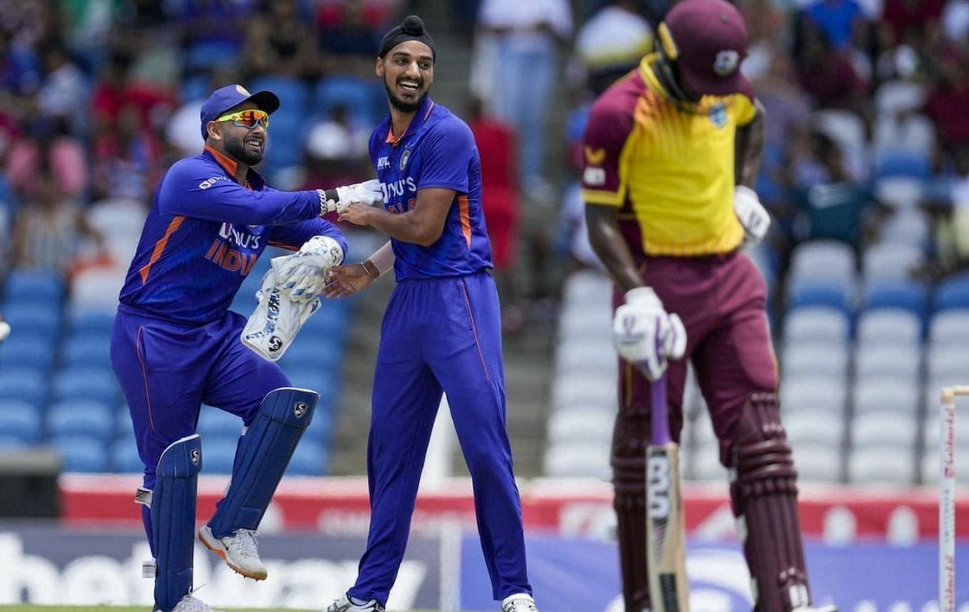 Arshdeep Singh celebrates a wicket in the 1st T20I against West Indies.