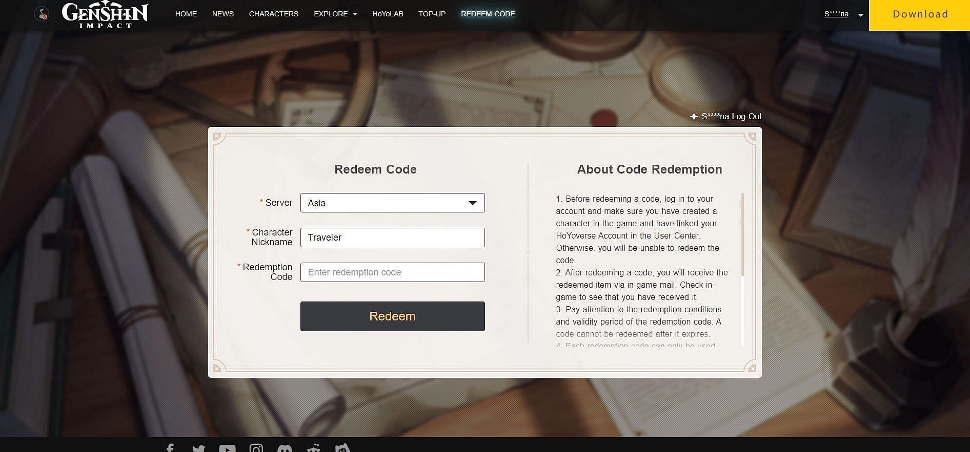 Method 1: Redeem codes from official website (Image via HoYoverse)