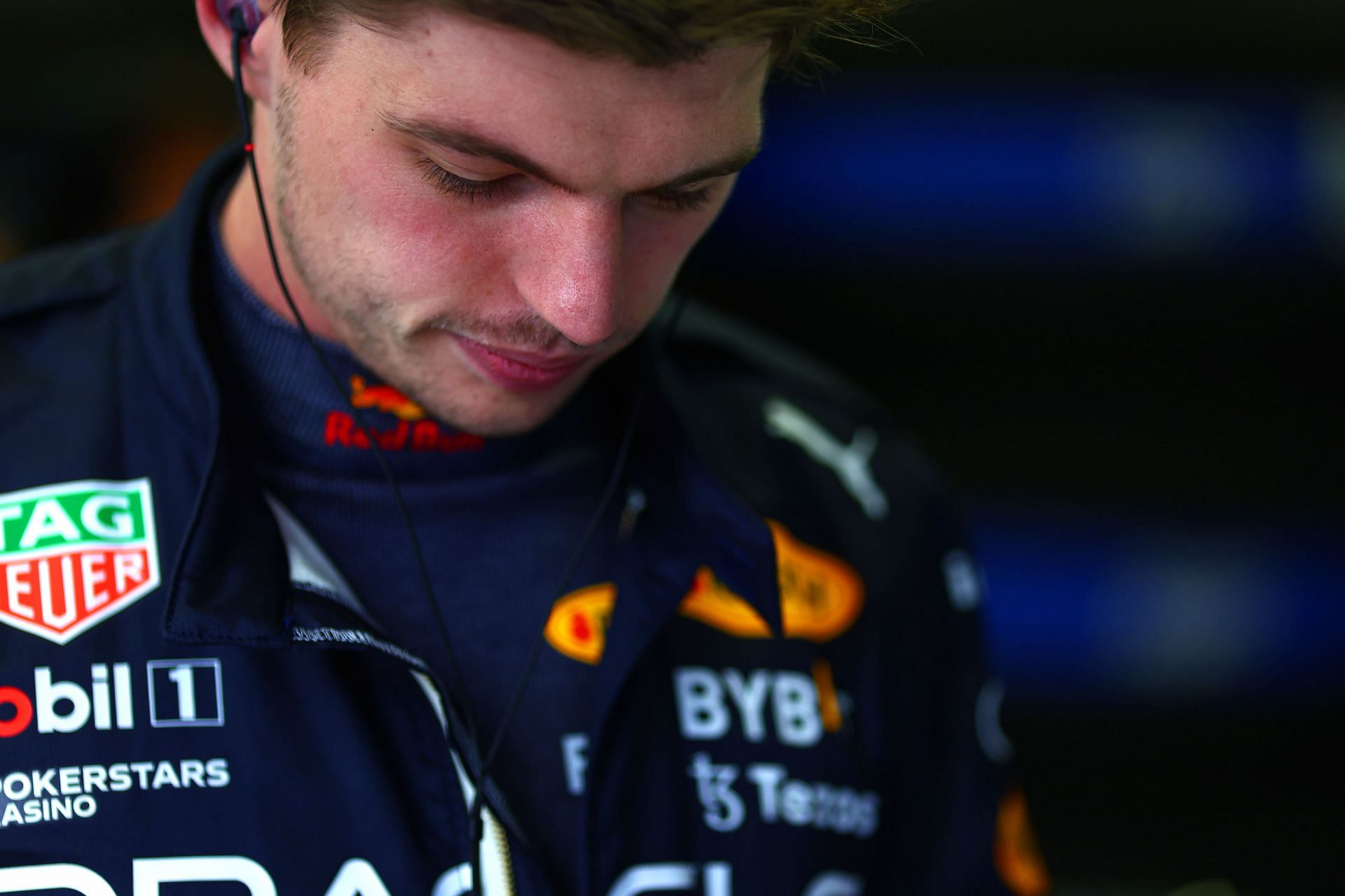 Max Verstappen prepares in the garage before qualifying ahead of the F1 Grand Prix of Great Britain at Silverstone on July 02, 2022, in Northampton, England (Photo by Mark Thompson/Getty Images)