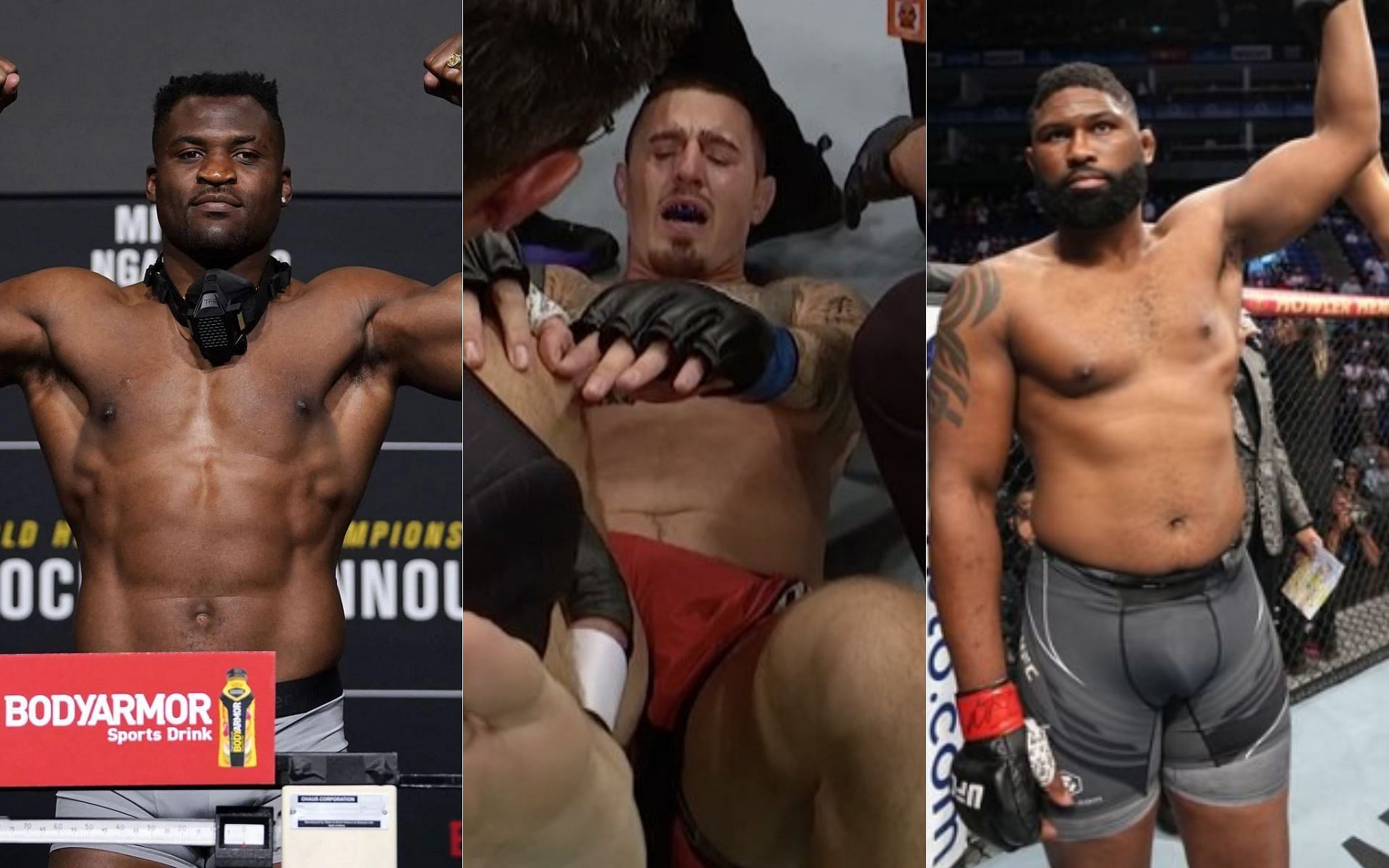 From left to right: Francis Ngannou, Tom Aspinall, and Curtis Blaydes [Image credits: @MikeBohn on Twitter and @ufc on Instagram]