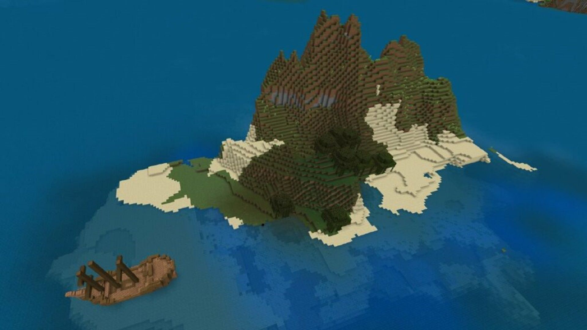 An island seed in Minecraft, complete with a shipwreck (Image via Mojang)