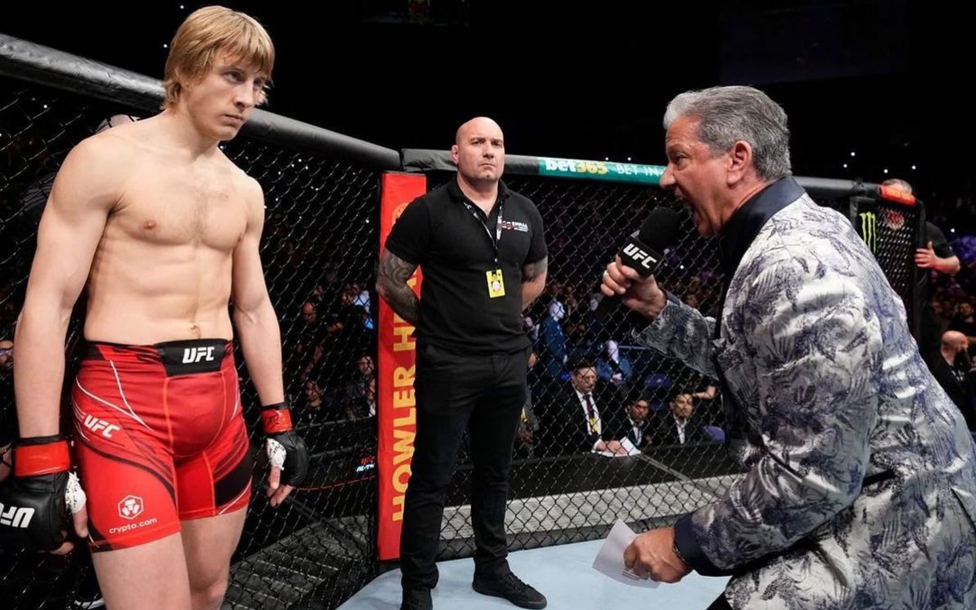 Paddy Pimblett (left) gets introduced by Bruce Buffer (right) [Image via @theufcbaddy on Instagram]