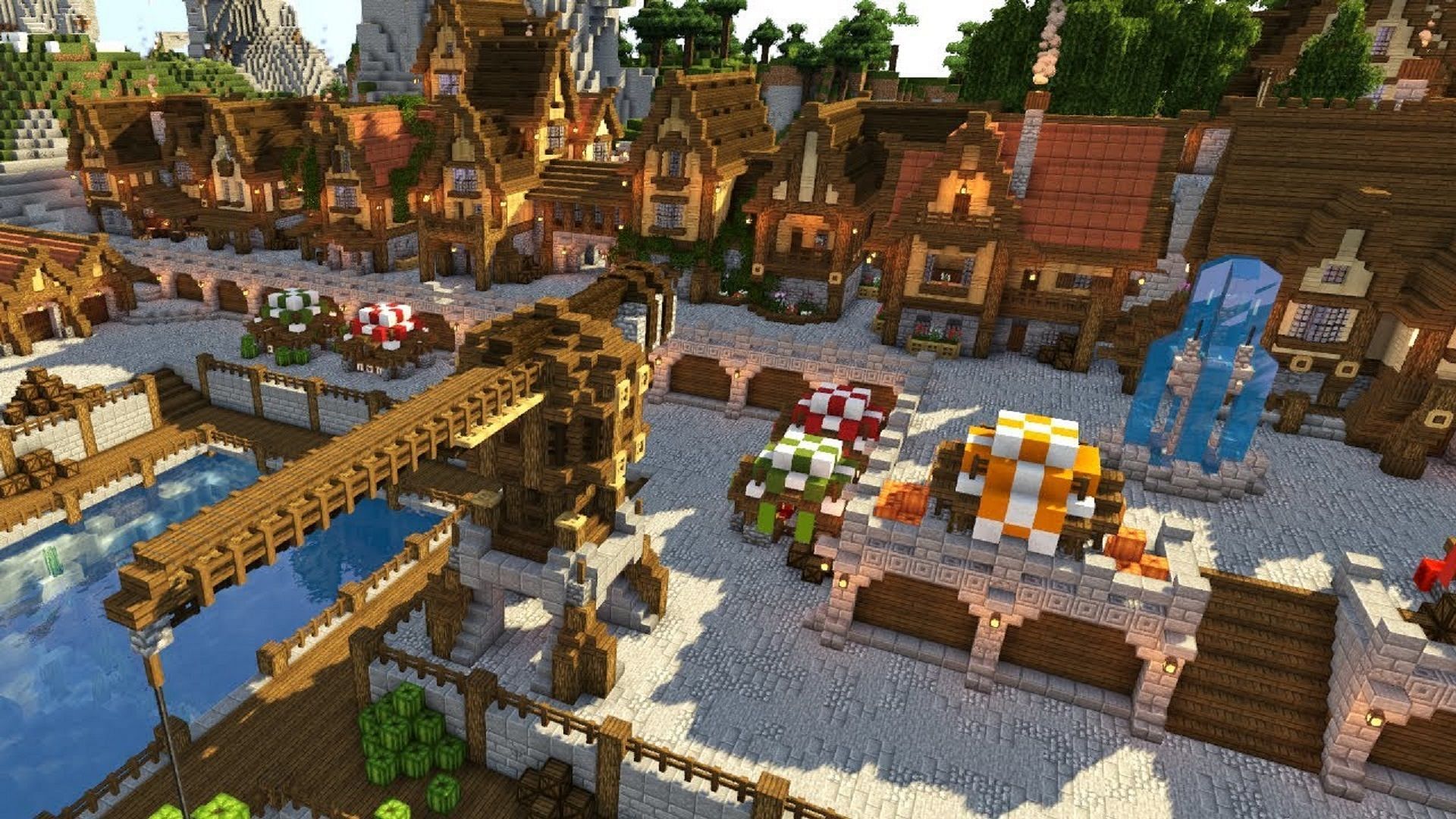 A medieval port town in Minecraft (Image via BlueNerd Minecraft/YouTube)