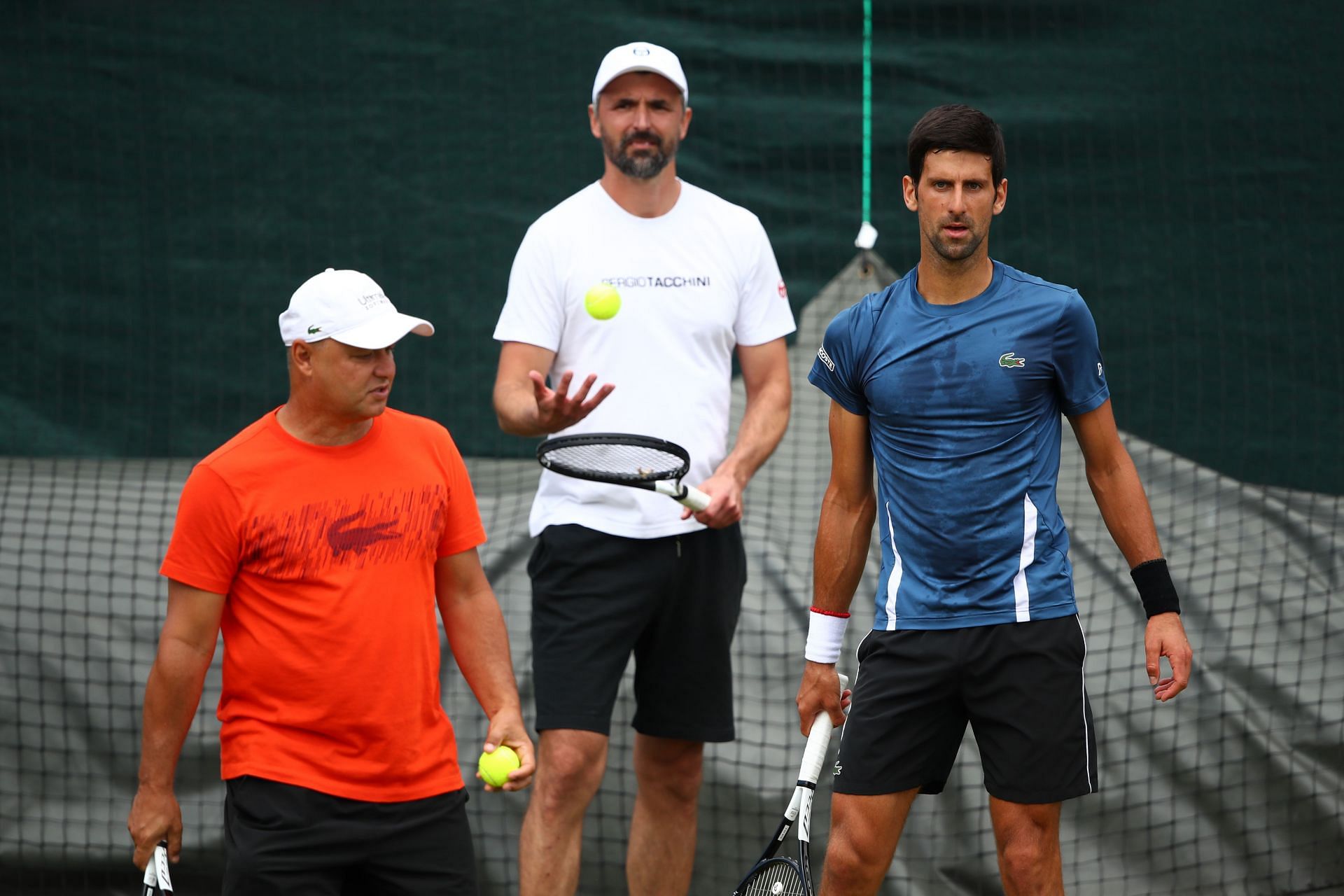 Novak Djokovic with coaches Marian Vajda and Goran Ivanisevic at the 2019 Wimbledon Championships