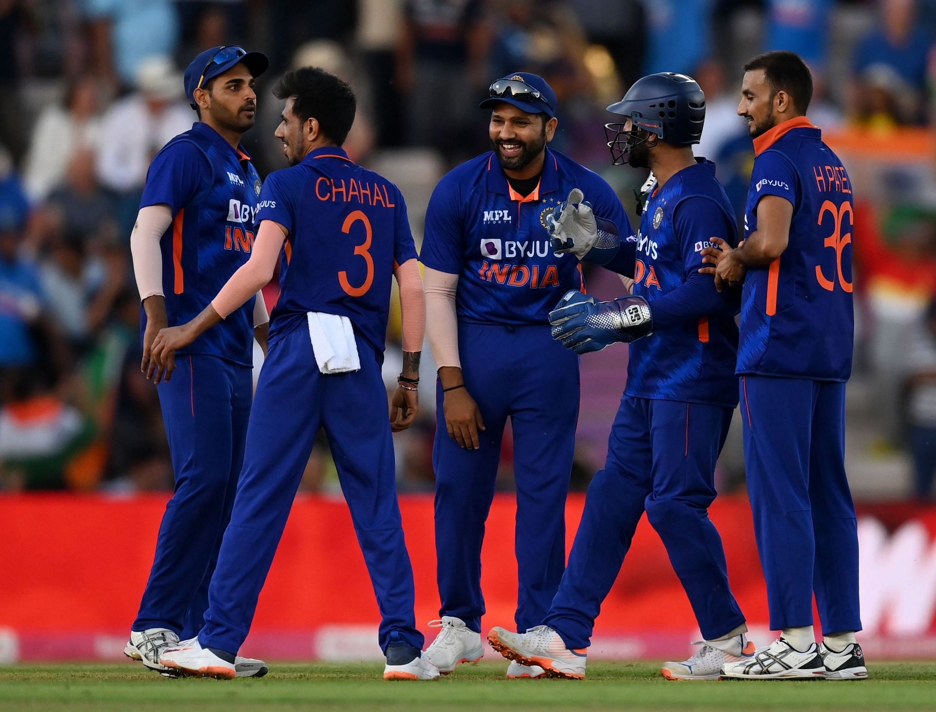 Rohit Sharma shares a laugh with teammates. Pic: Getty Images
