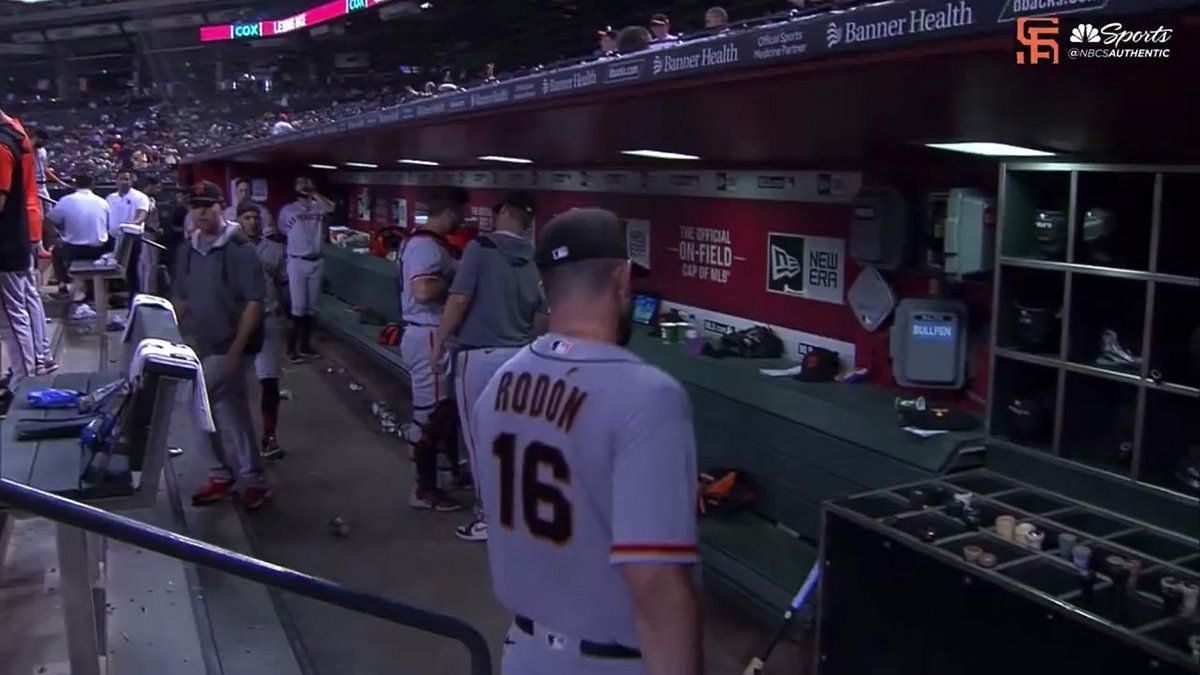 LOOK: Giants' Carlos Rodon kicks bat in dugout that hits teammate