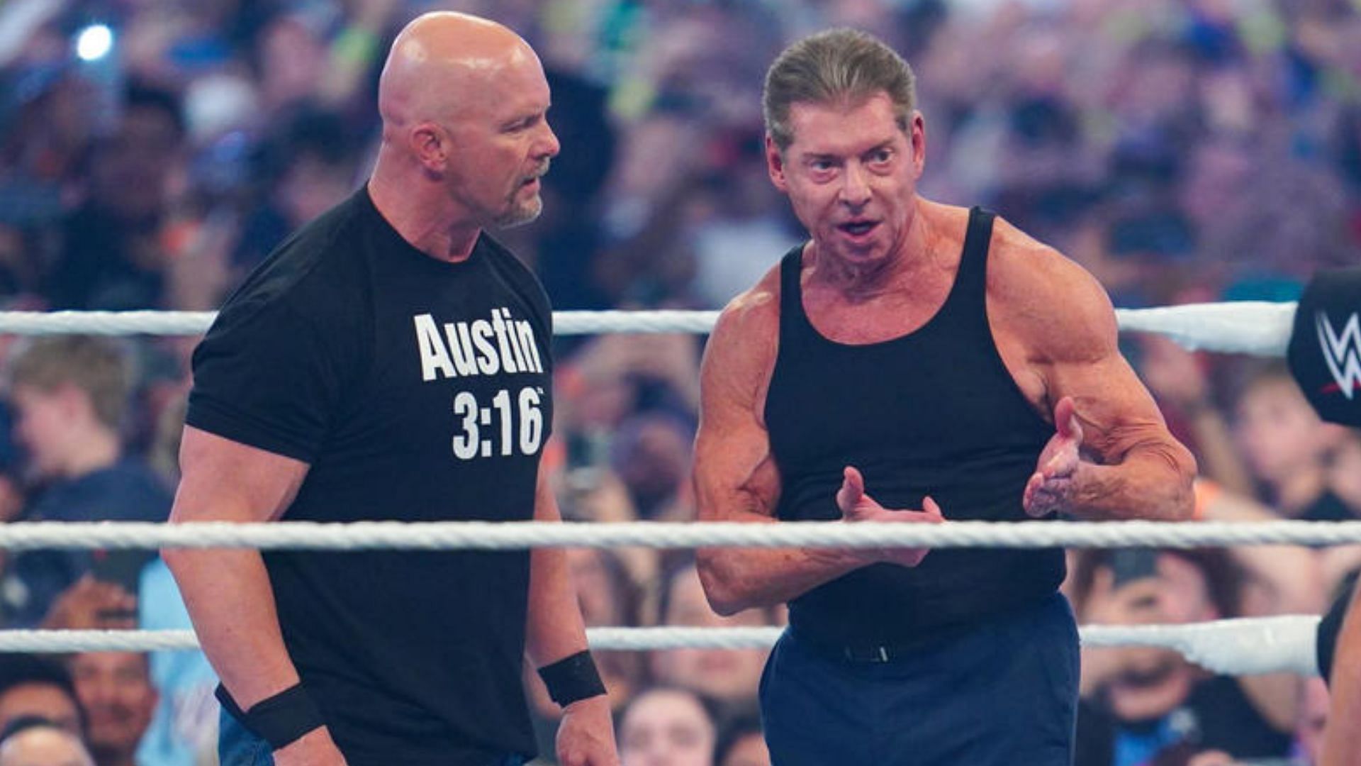 Steve Austin (left) and Vince McMahon (right) at WrestleMania 38.