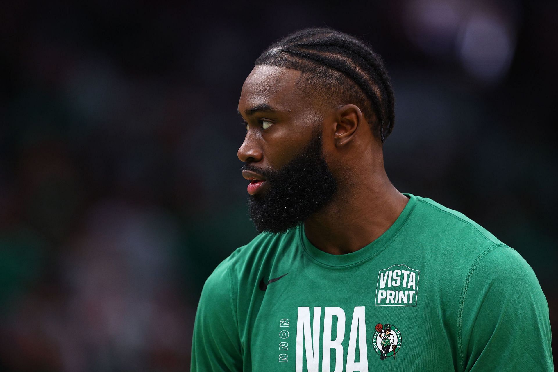 Jaylen Brown of the Boston Celtics looks on before Game 4 of the 2022 NBA Finals against the Golden State Warriors at TD Garden on June 10 in Boston, Massachusetts