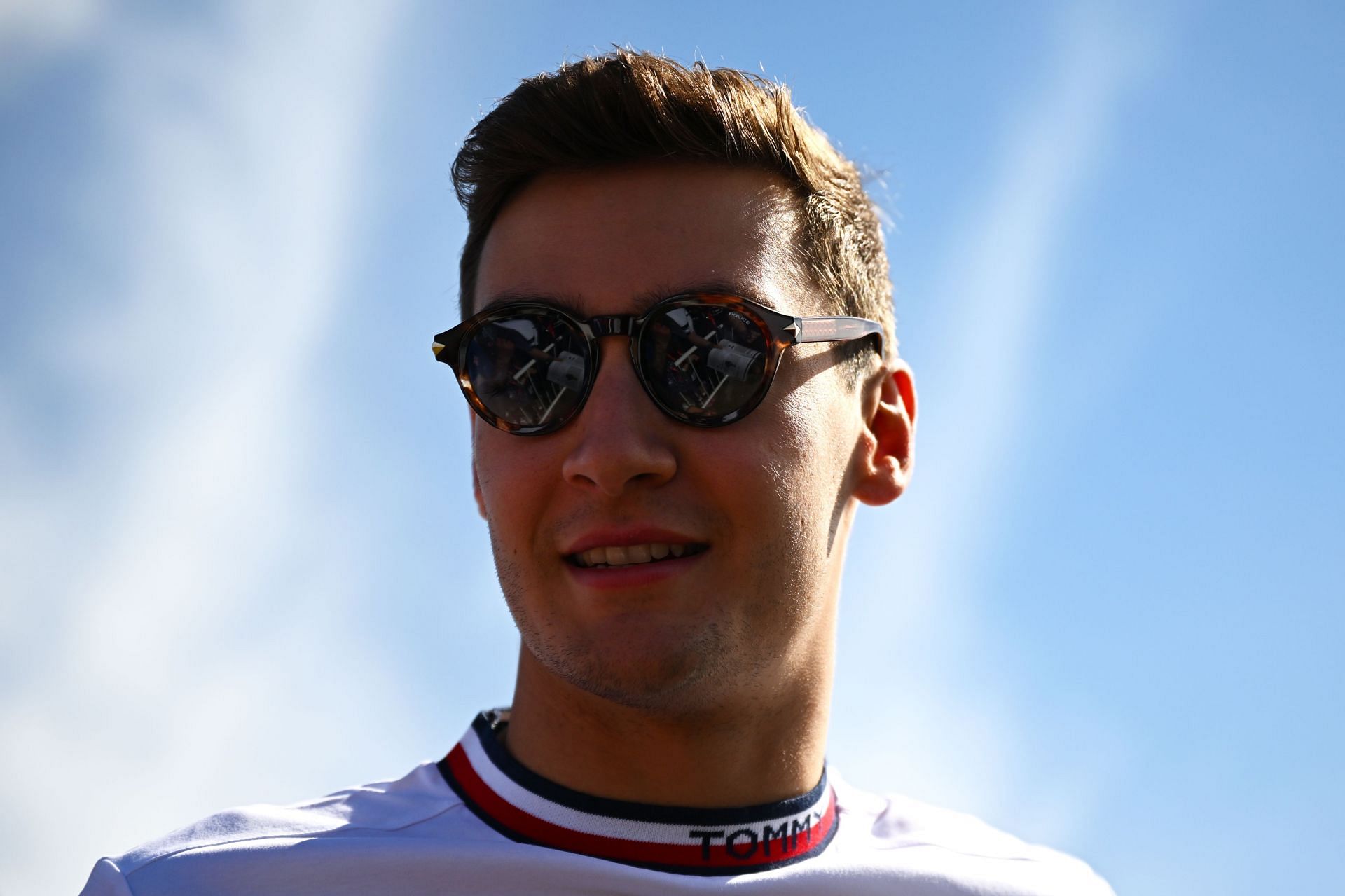 George Russell looks on as he arrives to the Paddock during the F1 Grand Prix of Great Britain at Silverstone on July 03, 2022 in Northampton, England. (Photo by Clive Mason/Getty Images)