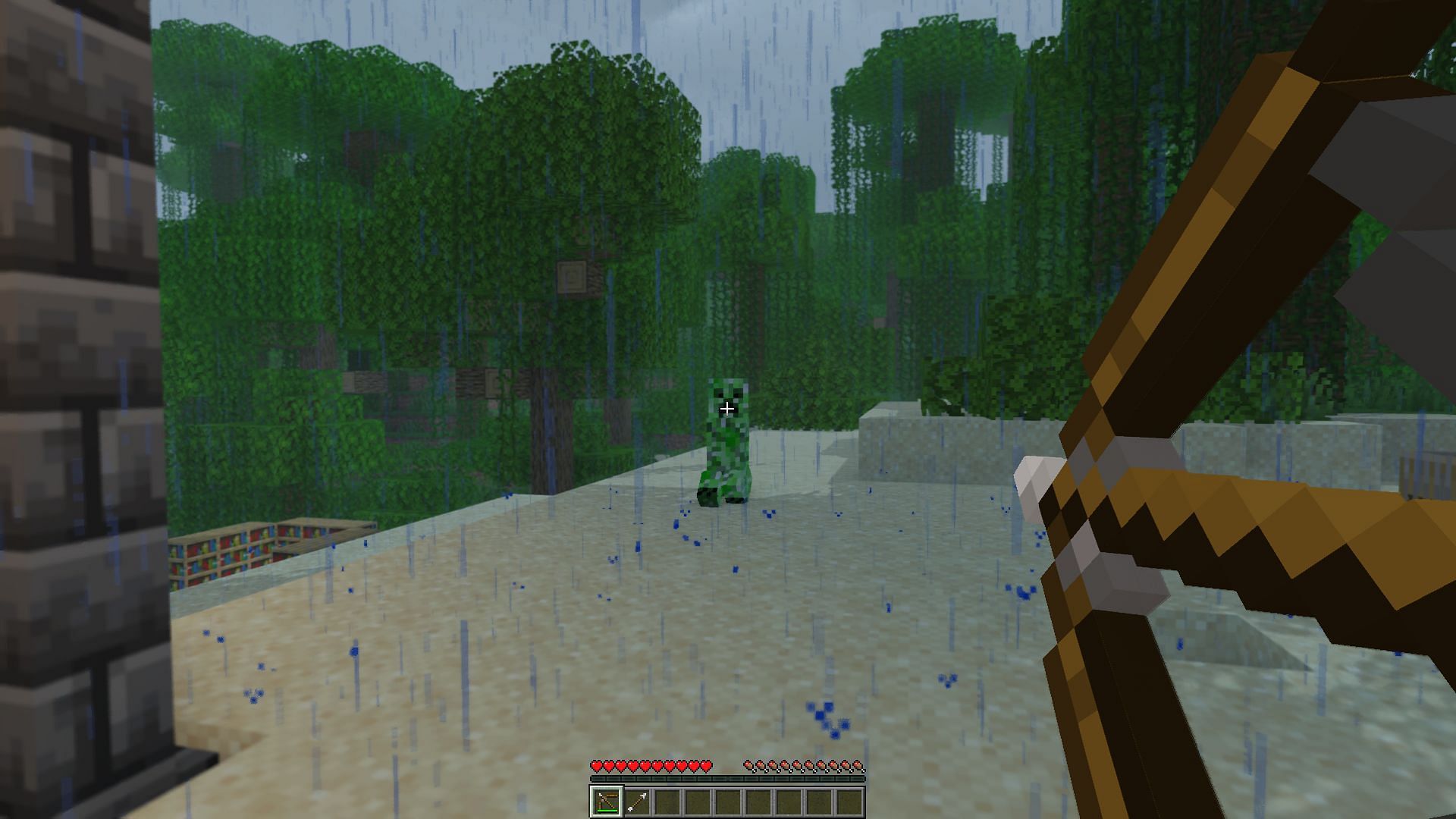 A gamer using a bow to attack a creeper (Image via Minecraft)