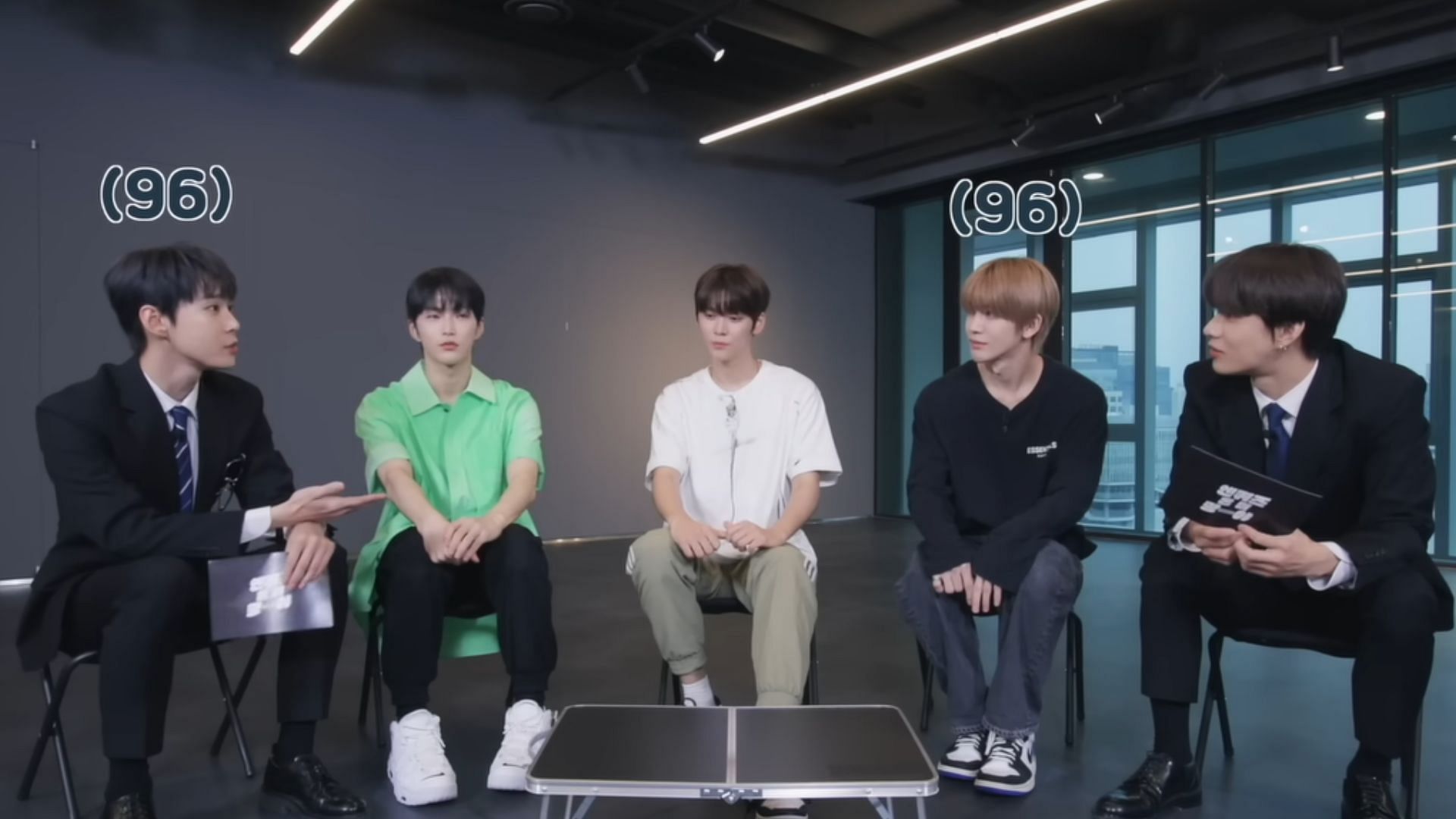 NCT&#039;s Doyoung and Jungwoo in conversation with SM Rookies Seunghan, Eunseok and Shohei (Image via YouTube/NCT)