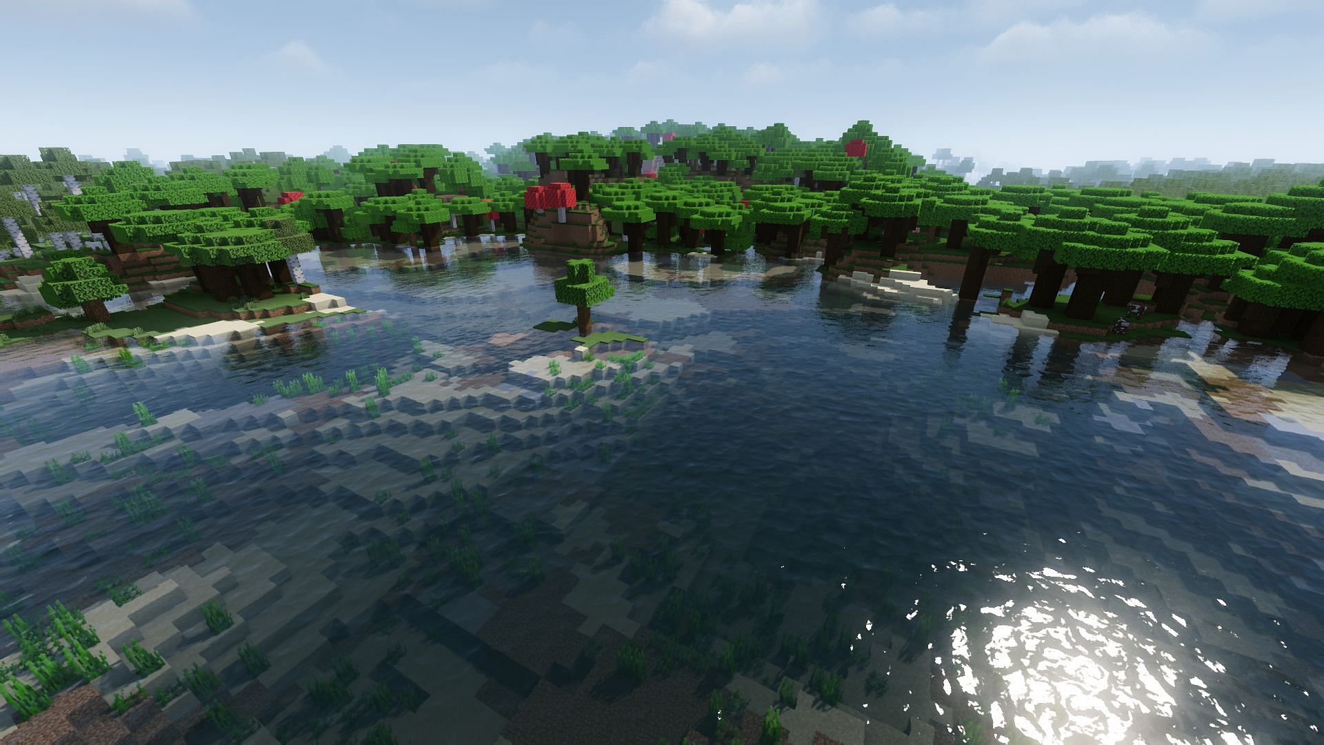 A dark oak forest, where players can get apples from leaves (Image via Minecraft)