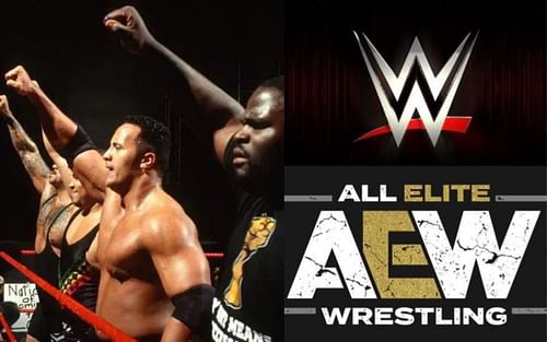 Nation of Domination (left) / AEW and WWE logos (right).