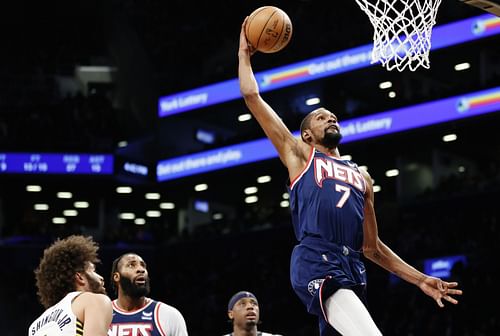 Kevin Durant of the Brooklyn Nets dunks against the Indiana Pacers on April 10 in New York City