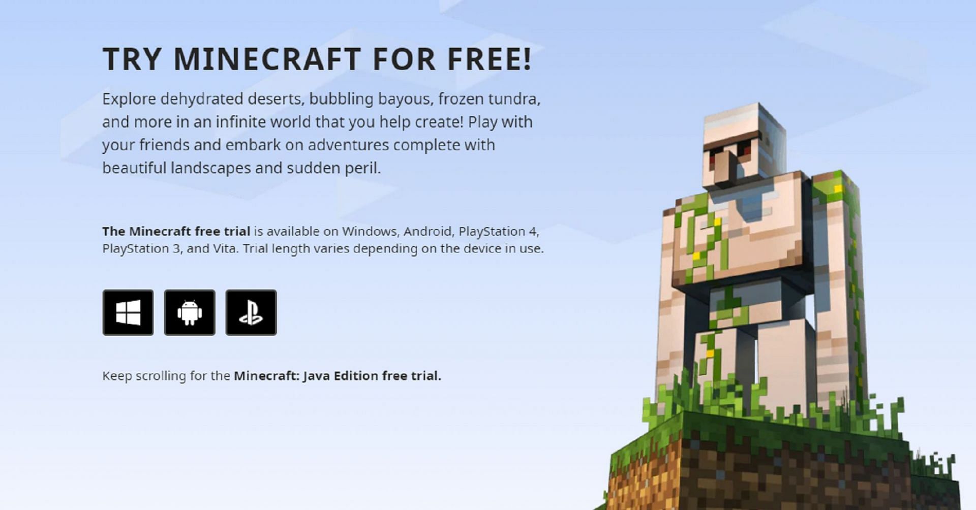 Minecraft.net's free trial page (Image via Mojang)