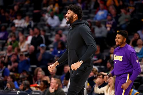 Anthony Davis celebrates as the LA Lakers play the Denver Nuggets on April 10 in Denver, Colorado.