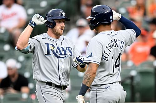 The Rays celebrate in a game vs. the Baltimore Orioles.