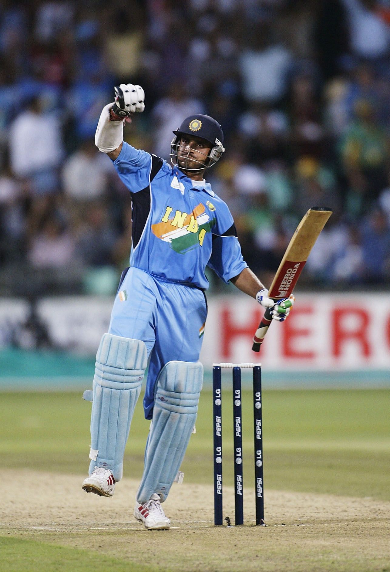  Sourav Ganguly of India celebrates his century against Kenya in the 2003 World Cup semi-final