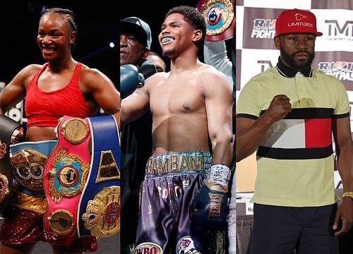 Claressa Shields (left), Shakur Stevenson (center), Floyd Mayweather Jr. (right)