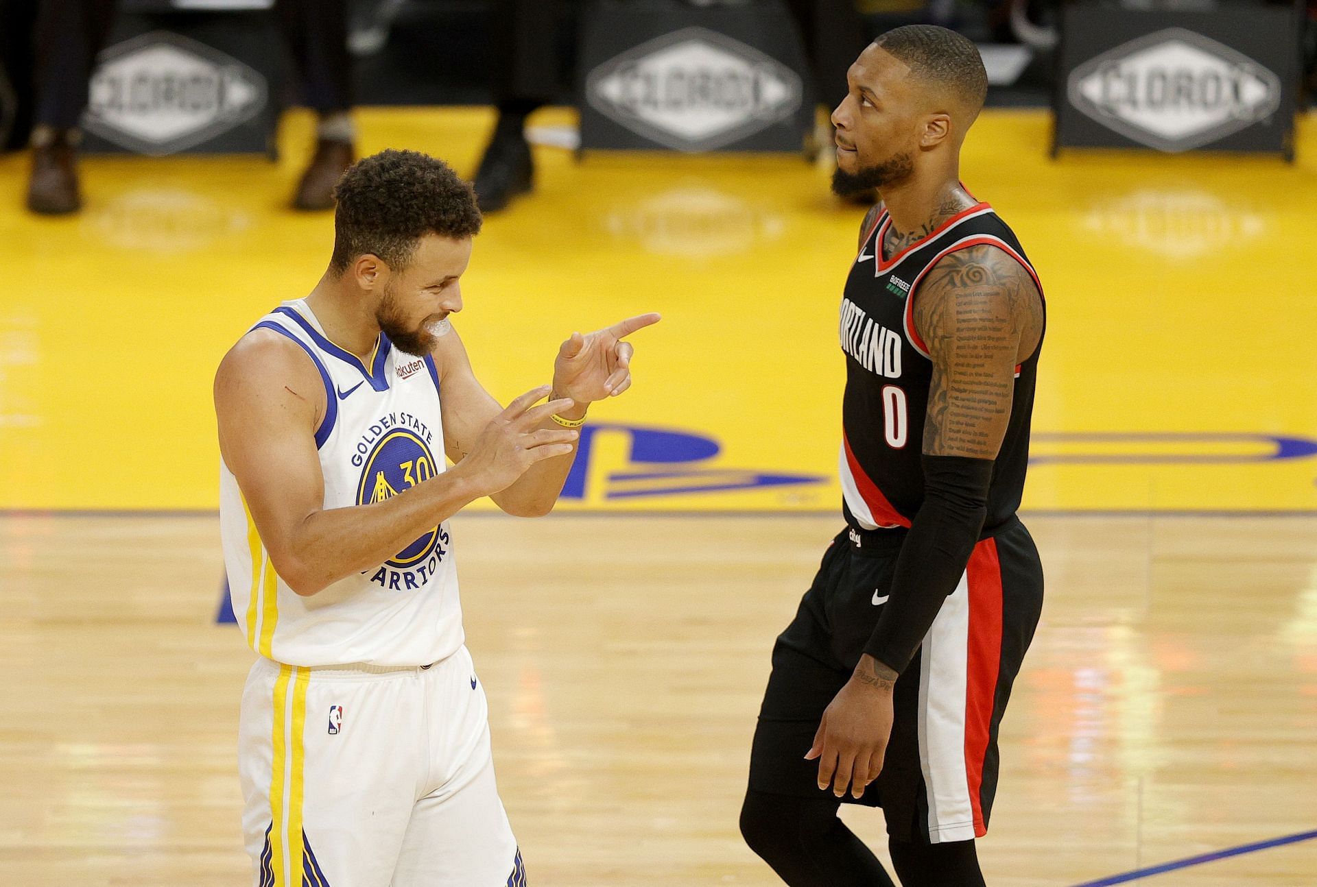 Steph Curry of the Golden State Warriors and Damian Lillard of the Portland Trail Blazers