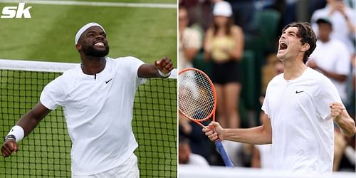 Frances Tiafoe [left] and Taylor Fritz celebrate after their respective victoria at Wimbledon 2022.