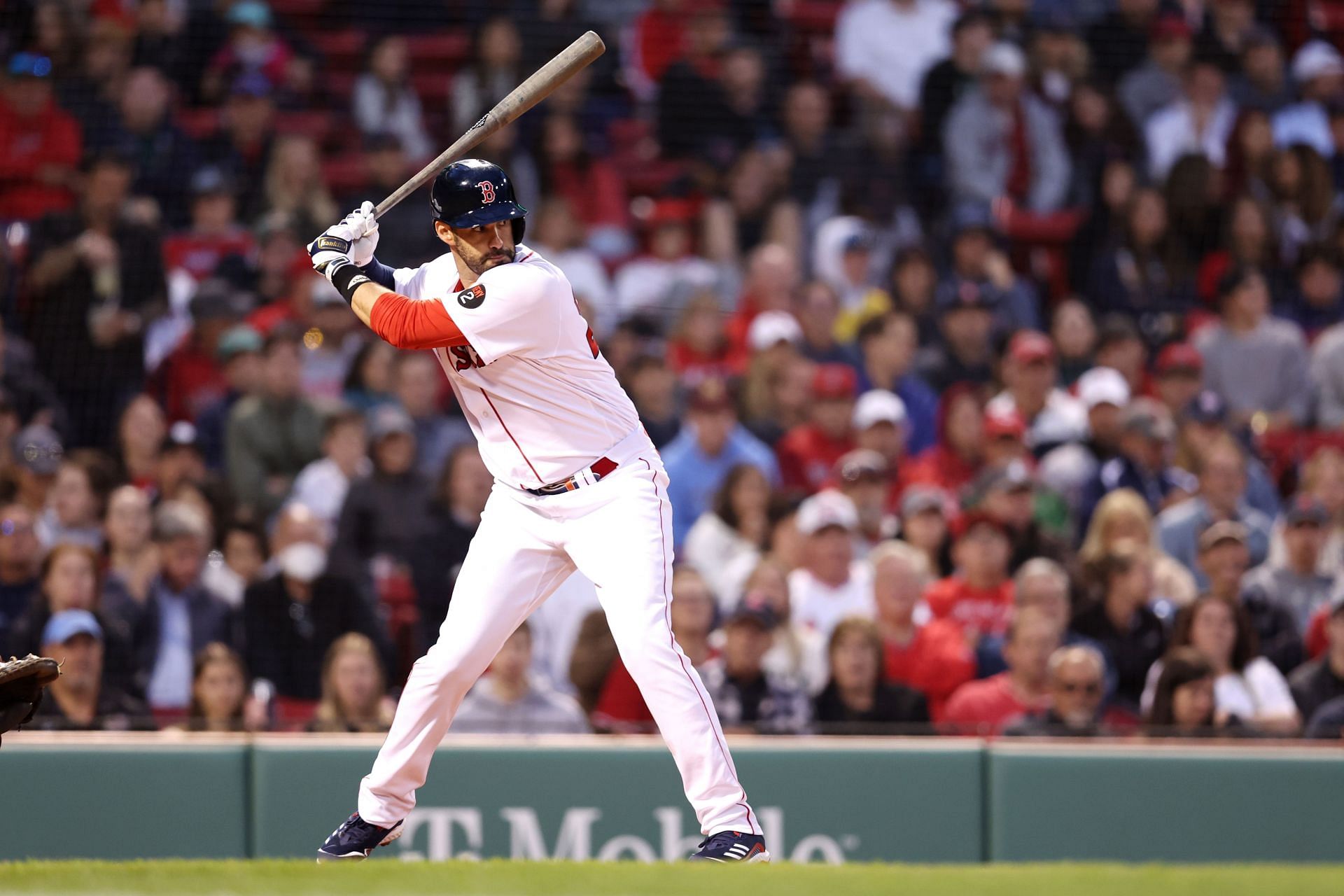 J.D. Martinez bats during a Cincinnati Reds v Boston Red Sox game.