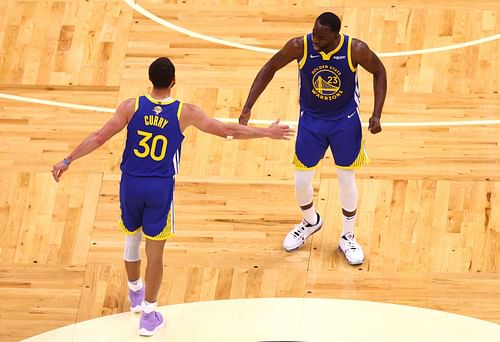 Steph Curry and Draymond Green in action during the 2022 NBA Finals - Game Six