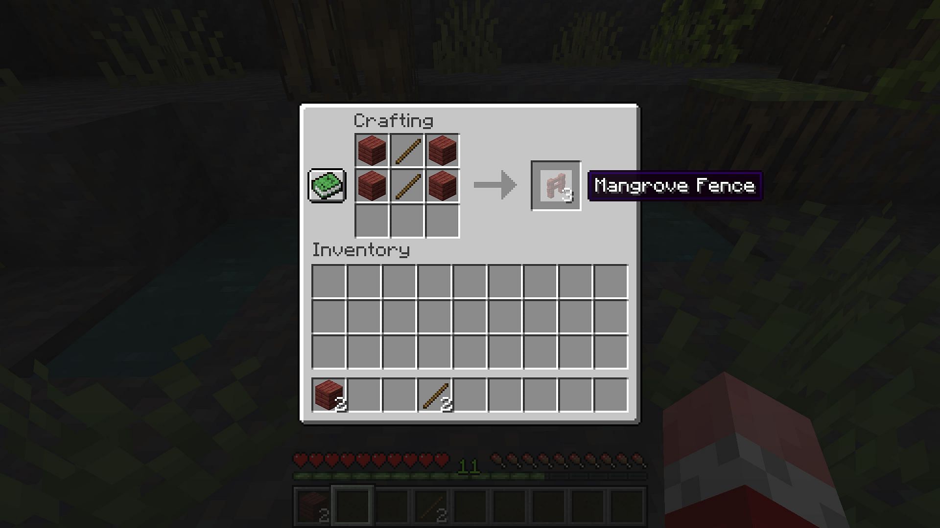 Crafting recipe for mangrove wood fence (Image via Minecraft 1.19)