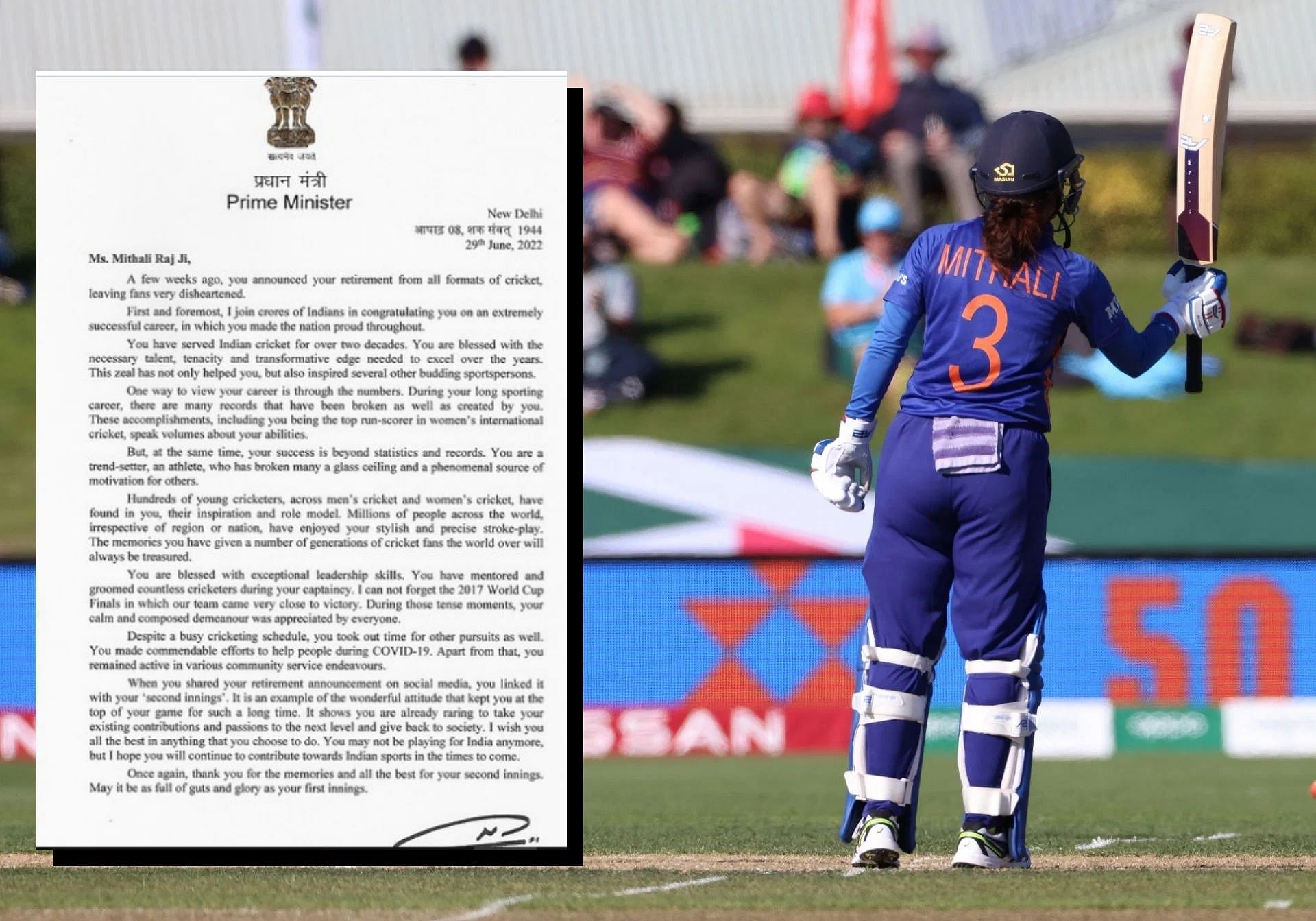 Mithali Raj has received a letter from Indian PM Modi, praising her contribution to cricket.