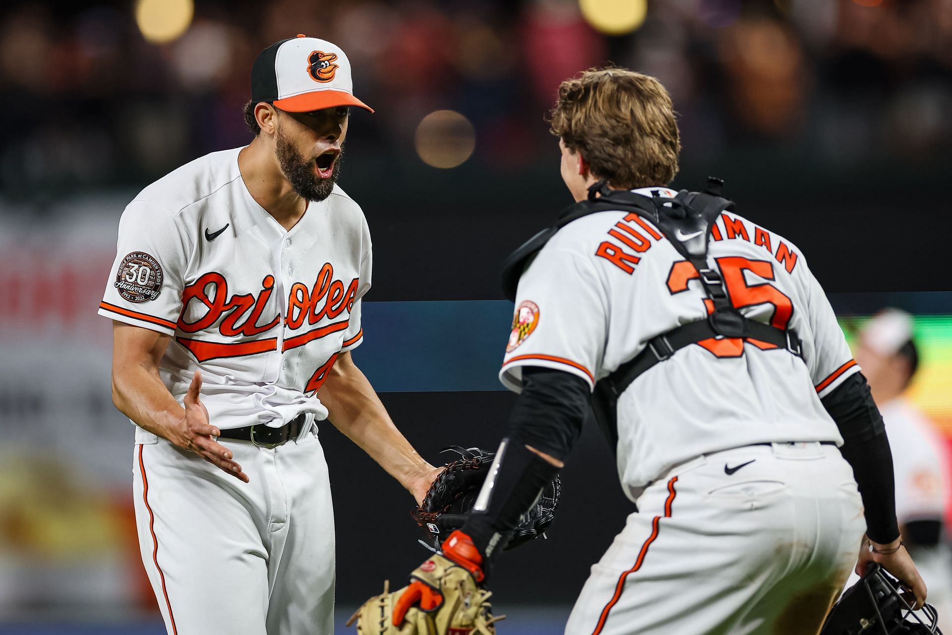 Jorge Lopez and Adley Rutschman celebrate a 4-1 win against the Los Angeles Angels at Oriole Park.