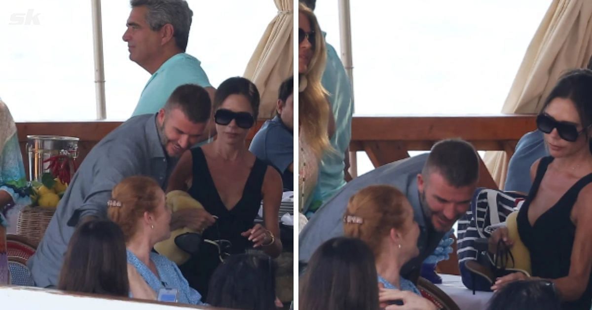 The Beckhams with Sarah Ferguson at the seaside restaurant in Italy. (Credit: Rex)