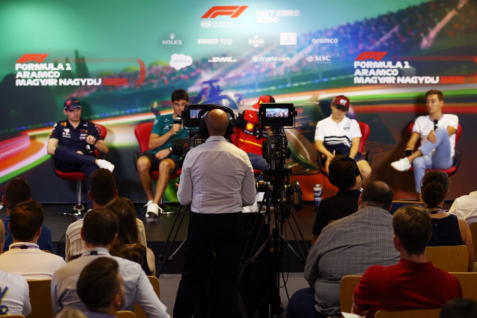 A view of the camera operator in the Drivers Press Conference during previews ahead of the F1 Grand Prix of Hungary at Hungaroring on July 28, 2022 in Budapest, Hungary. (Photo by Bryn Lennon/Getty Images)