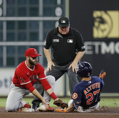 Jose Altuve is tagged out, Los Angeles Angels v Houston Astros.