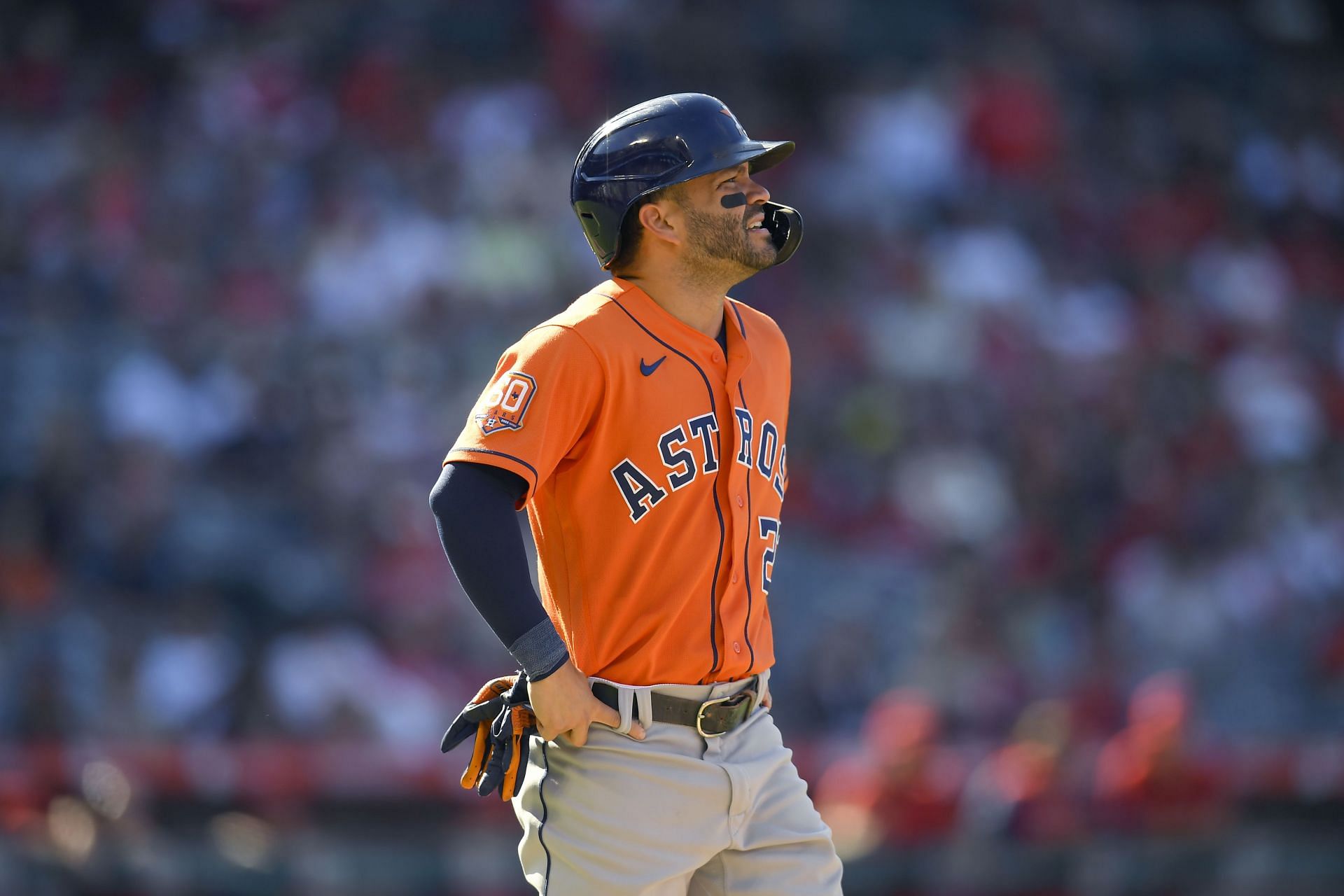 Jose Altuve looks on during a Houston Astros v Los Angeles Angels game earlier this season.