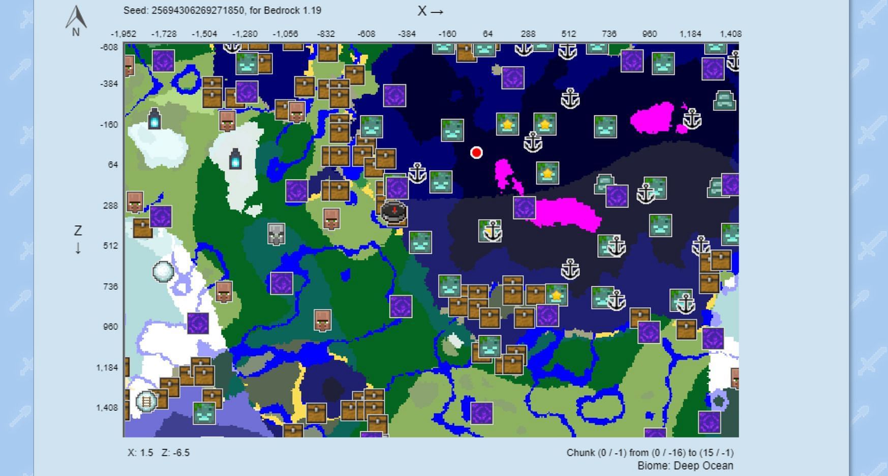 The seed&#039;s spawn area, as generated in a chunk map (Image via Chunkbase)